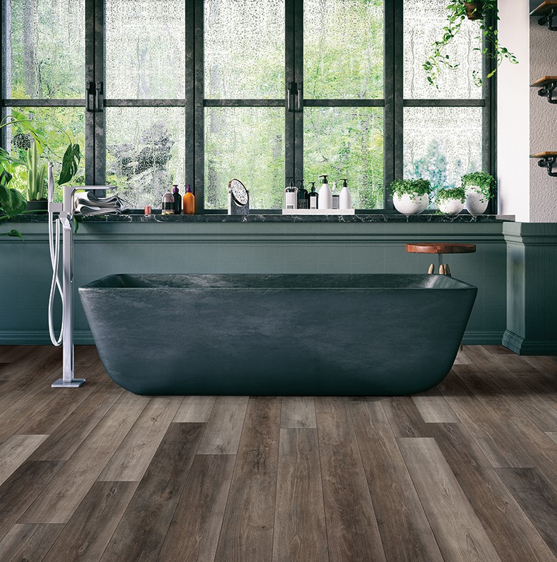 modern bathroom with slate colored wood floors