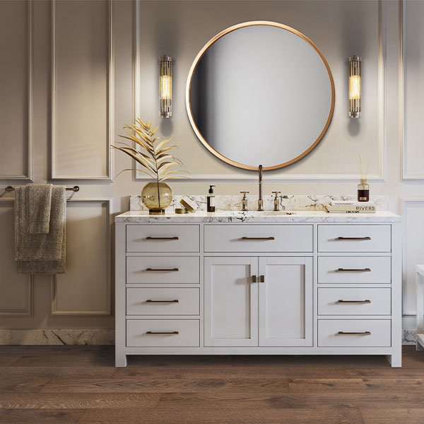 wood flooring in bathroom with quiet luxury decor